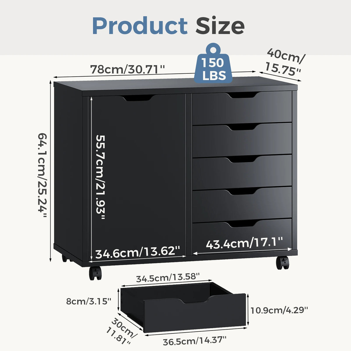 JHK Wood 5-Drawer Rolling File Cabinet With Shelves