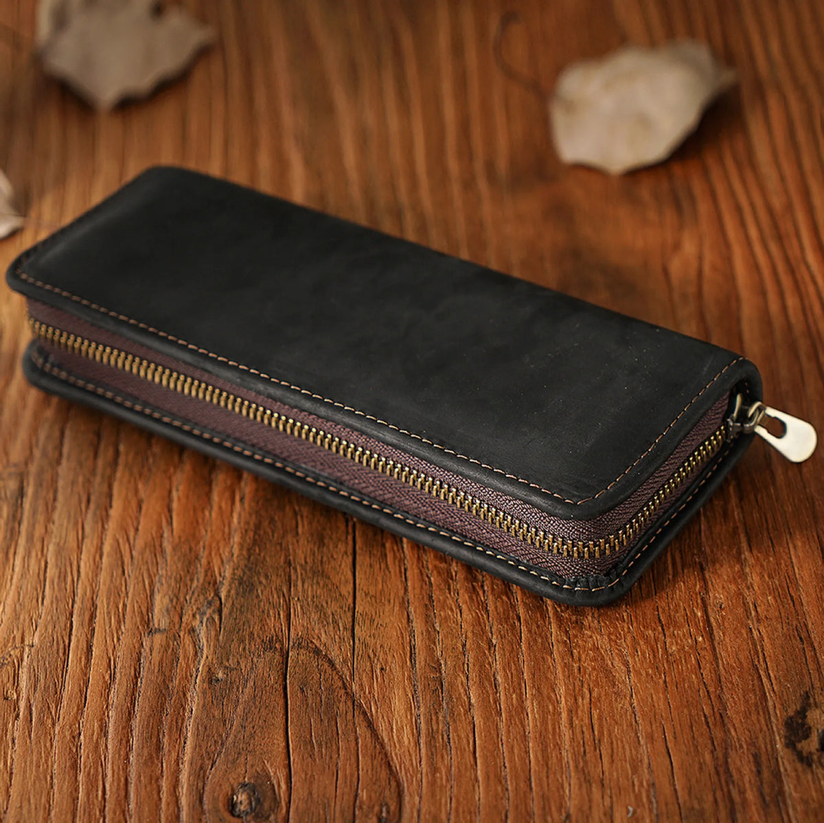 Genuine Leather Multi Functional Pencil Case With Pen Holder Zipper