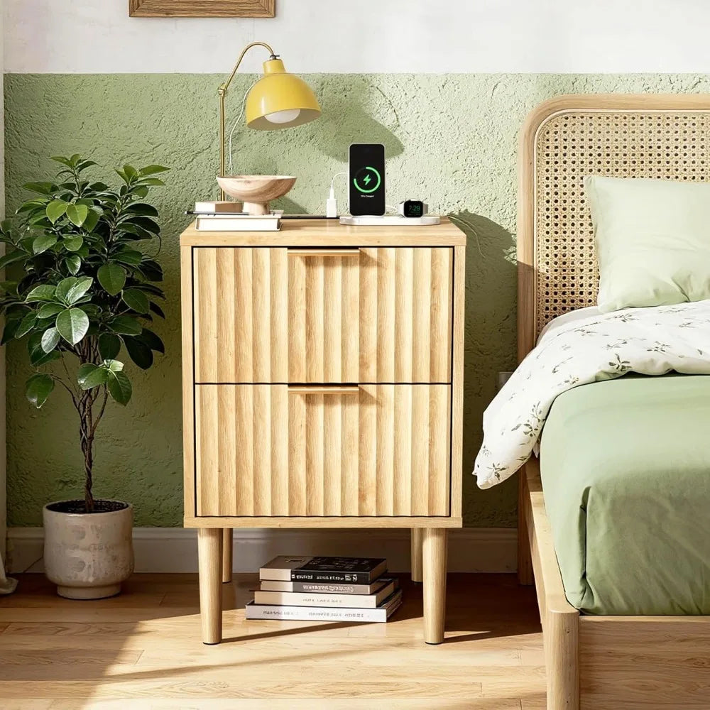 Fluted Nightstands Set Of 2 With Fabric Drawers Charging Station