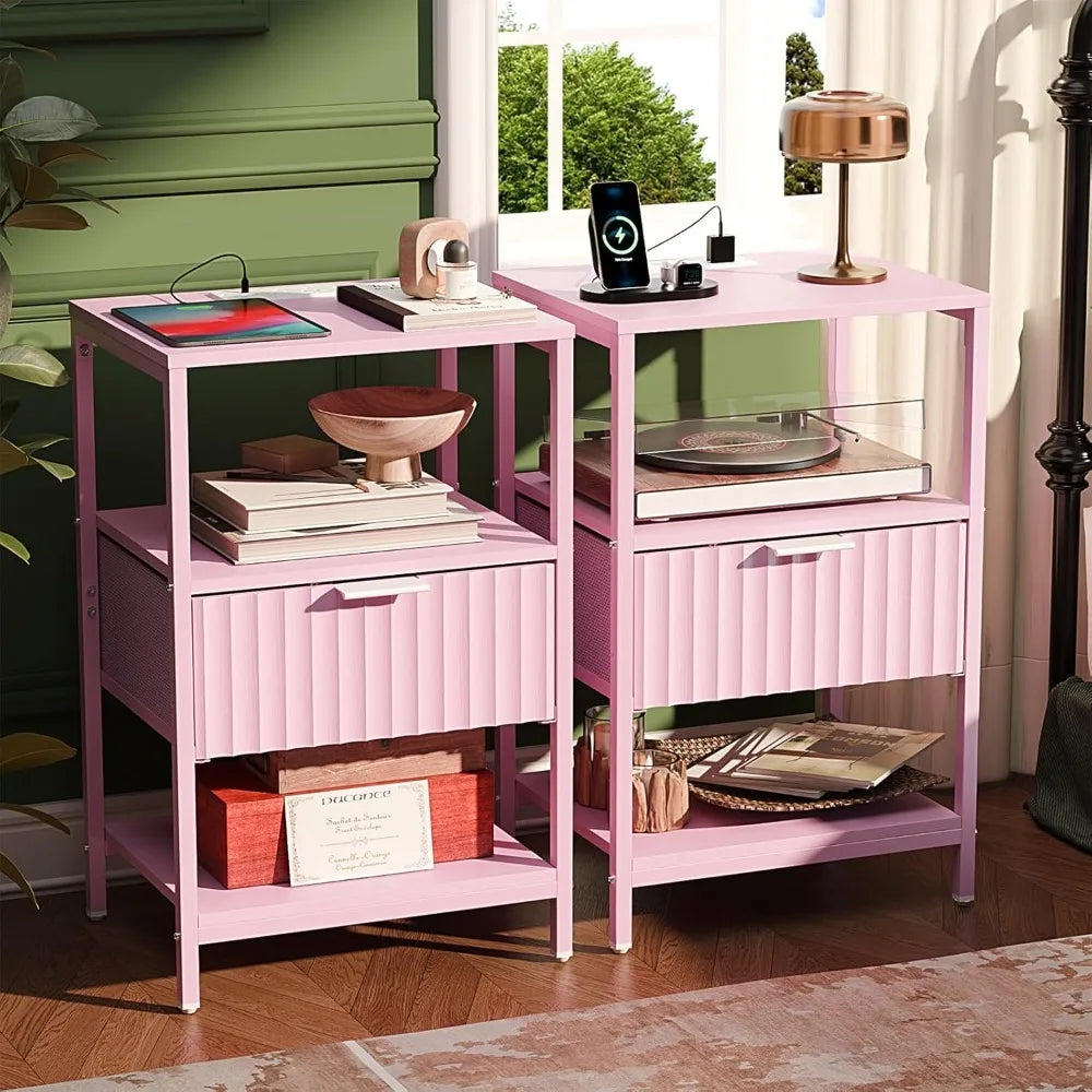 Fluted Nightstands Set Of 2 With Fabric Drawers Charging Station
