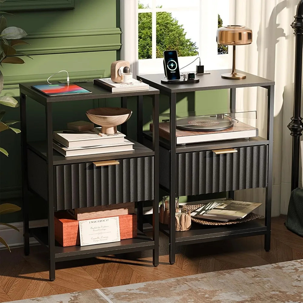 Fluted Nightstands Set Of 2 With Fabric Drawers Charging Station
