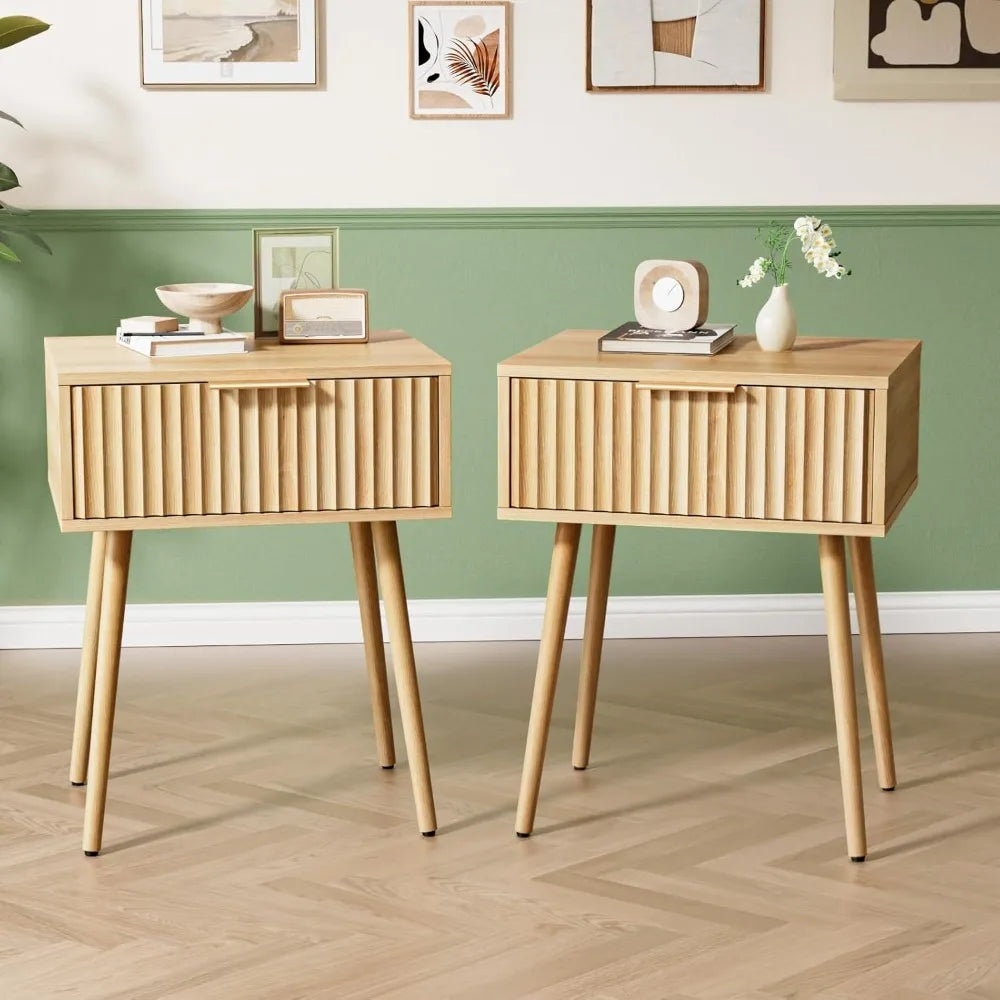 Fluted Nightstands Set Of 2 With Fabric Drawers Charging Station