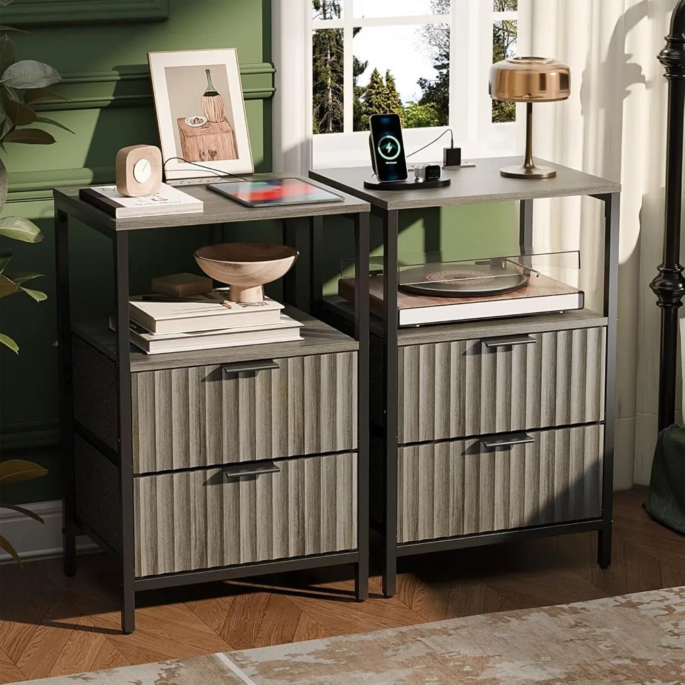 Fluted Nightstands Set Of 2 With Fabric Drawers Charging Station