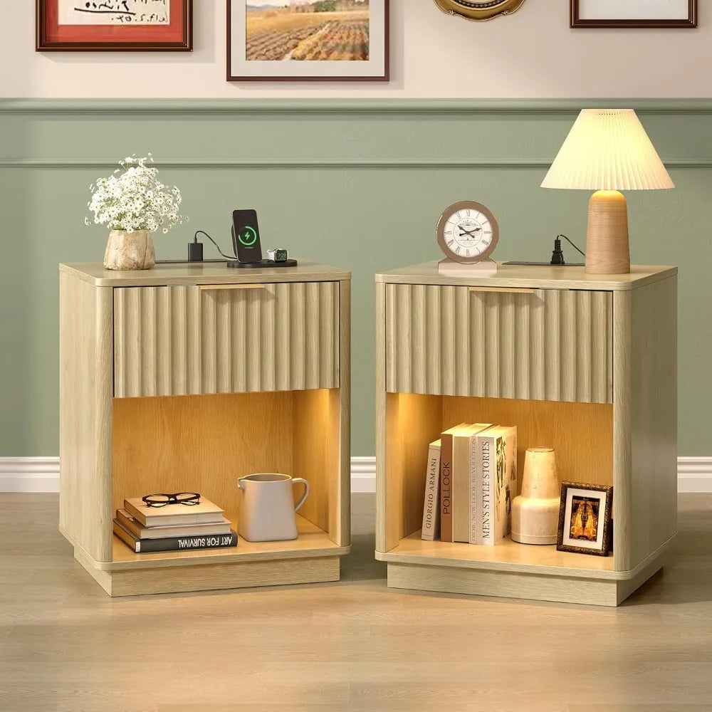 Fluted Nightstands Set Of 2 With Fabric Drawers Charging Station
