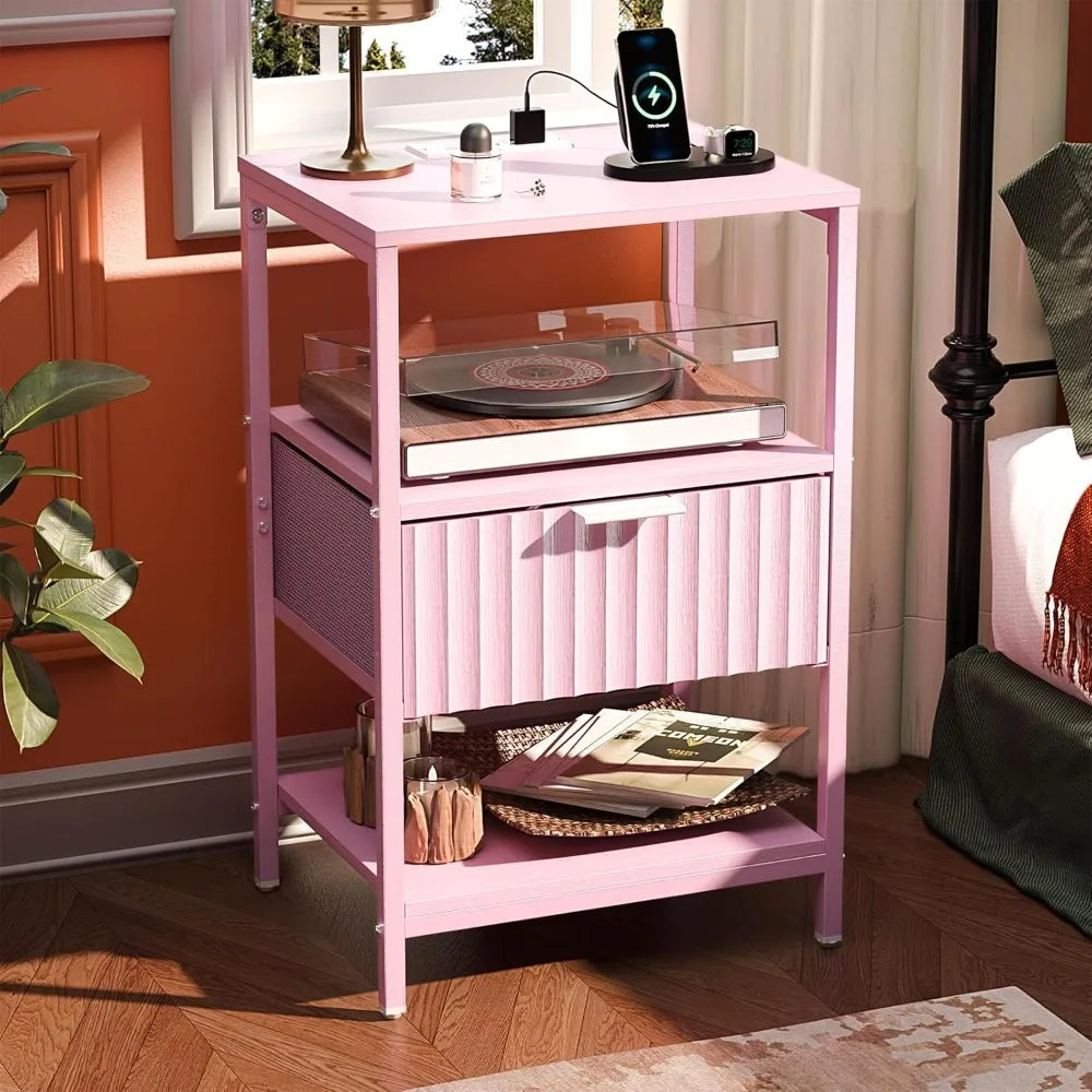 Fluted Nightstands Set Of 2 With Fabric Drawers Charging Station