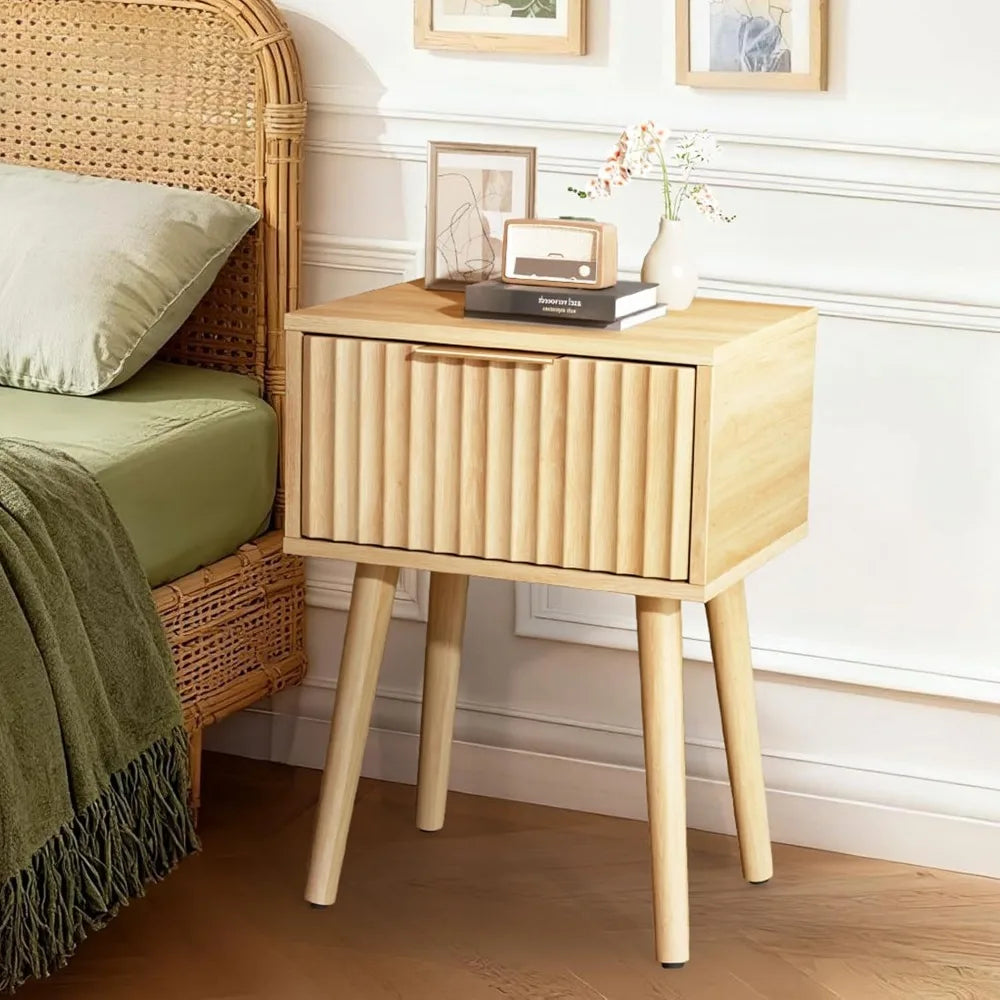 Fluted Nightstands Set Of 2 With Fabric Drawers Charging Station