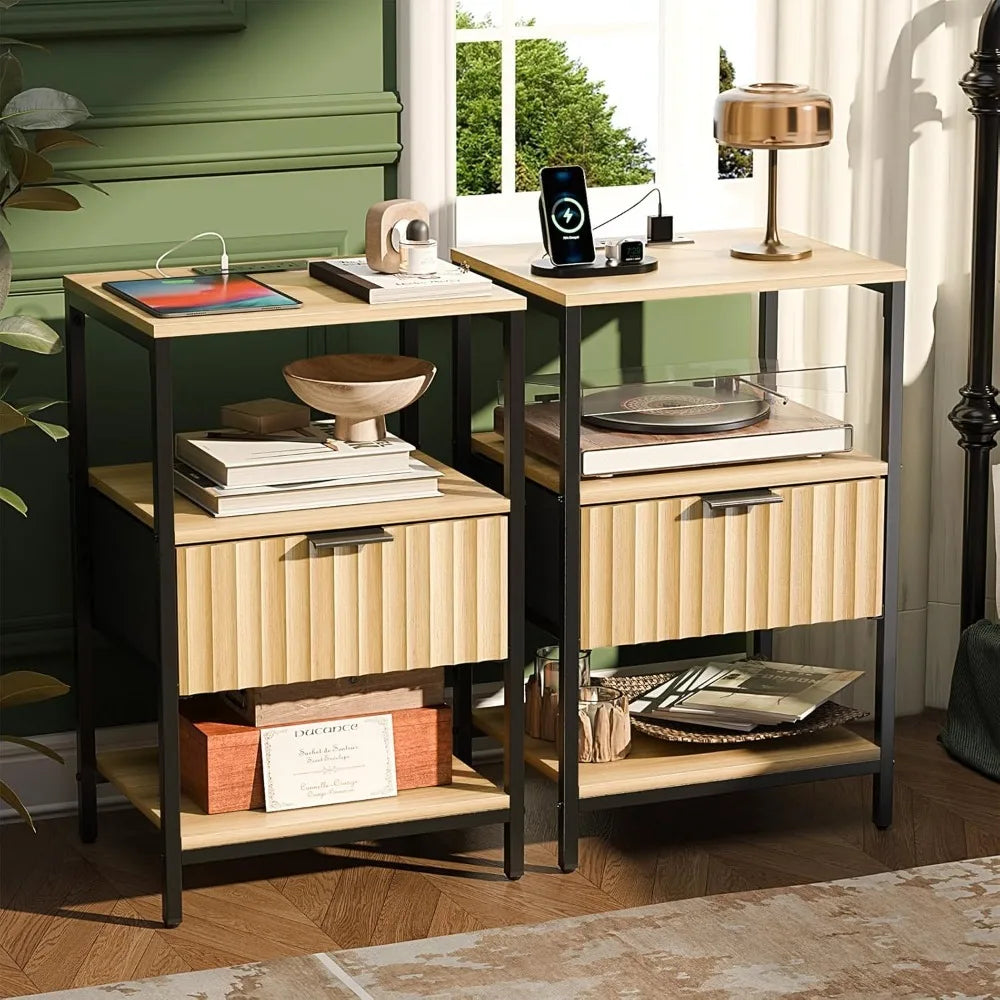 Fluted Nightstands Set Of 2 With Fabric Drawers Charging Station