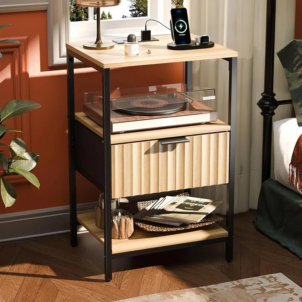 Fluted Nightstands Set Of 2 With Fabric Drawers Charging Station