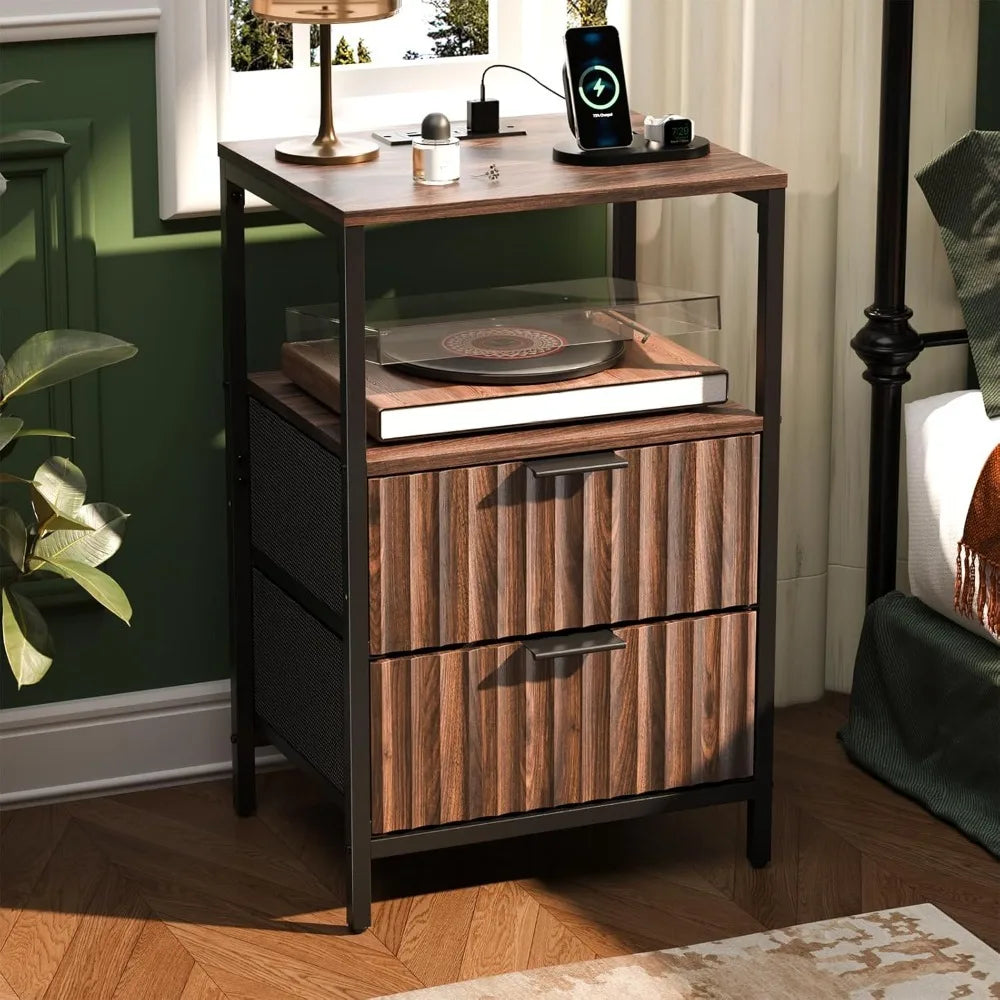 Fluted Nightstands Set Of 2 With Fabric Drawers Charging Station