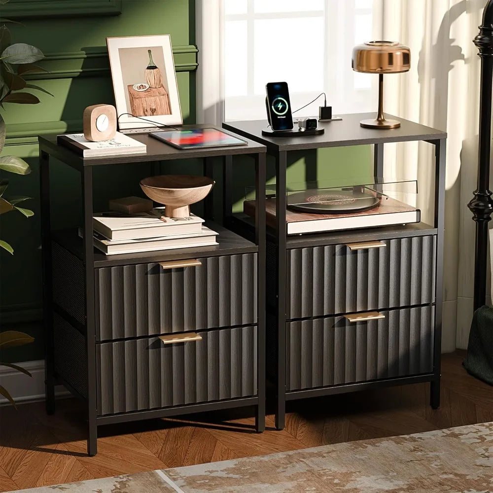 Fluted Nightstands Set Of 2 With Fabric Drawers Charging Station