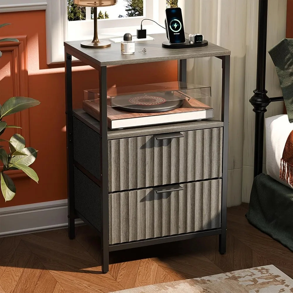 Fluted Nightstands Set Of 2 With Fabric Drawers Charging Station