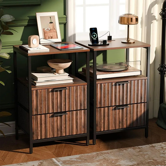 Fluted Nightstands Set Of 2 With Fabric Drawers Charging Station