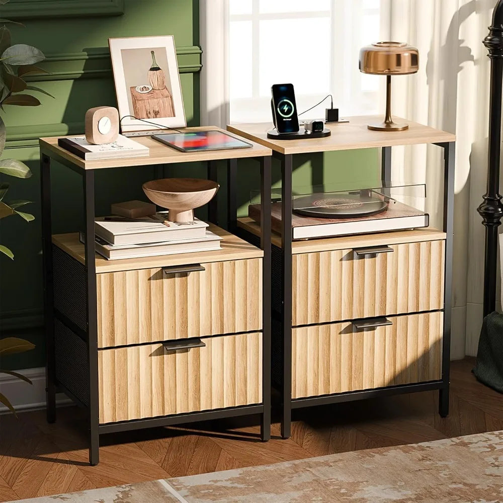 Fluted Nightstands Set Of 2 With Fabric Drawers Charging Station