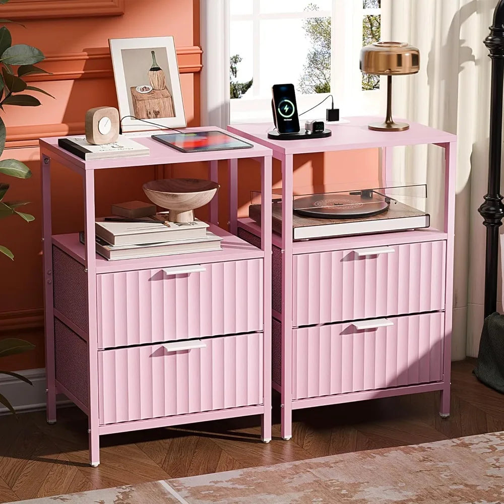 Fluted Nightstands Set Of 2 With Fabric Drawers Charging Station