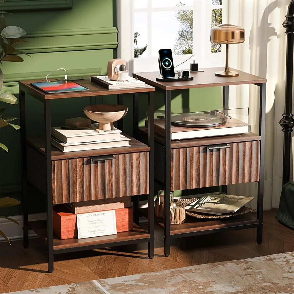 Fluted Nightstands Set Of 2 With Fabric Drawers Charging Station