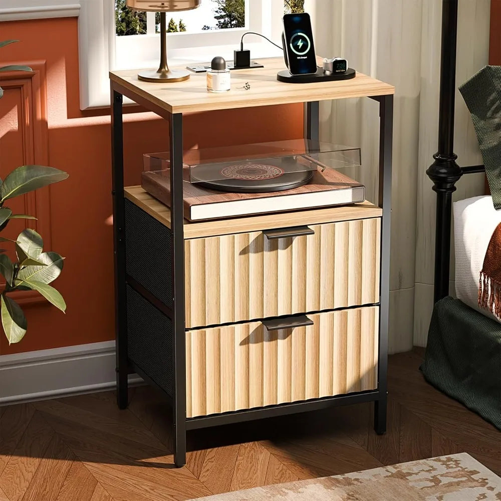 Fluted Nightstands Set Of 2 With Fabric Drawers Charging Station