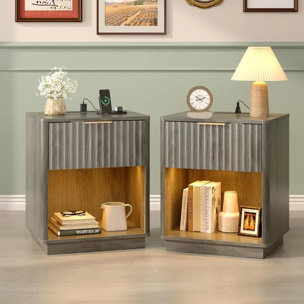 Fluted Nightstands Set Of 2 With Fabric Drawers Charging Station