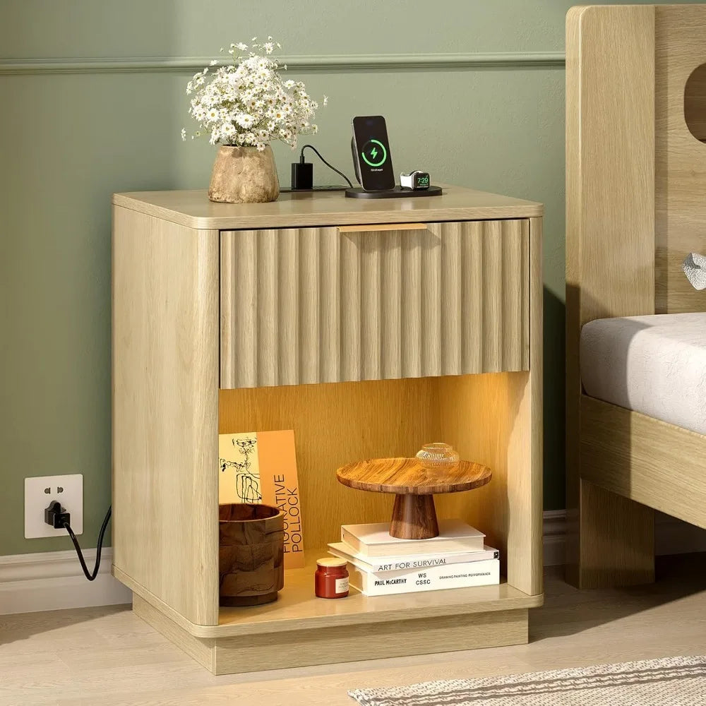 Fluted Nightstands Set Of 2 With Fabric Drawers Charging Station