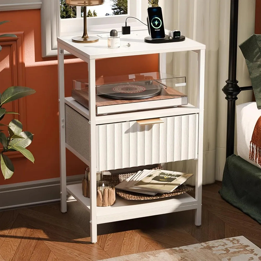 Fluted Nightstands Set Of 2 With Fabric Drawers Charging Station