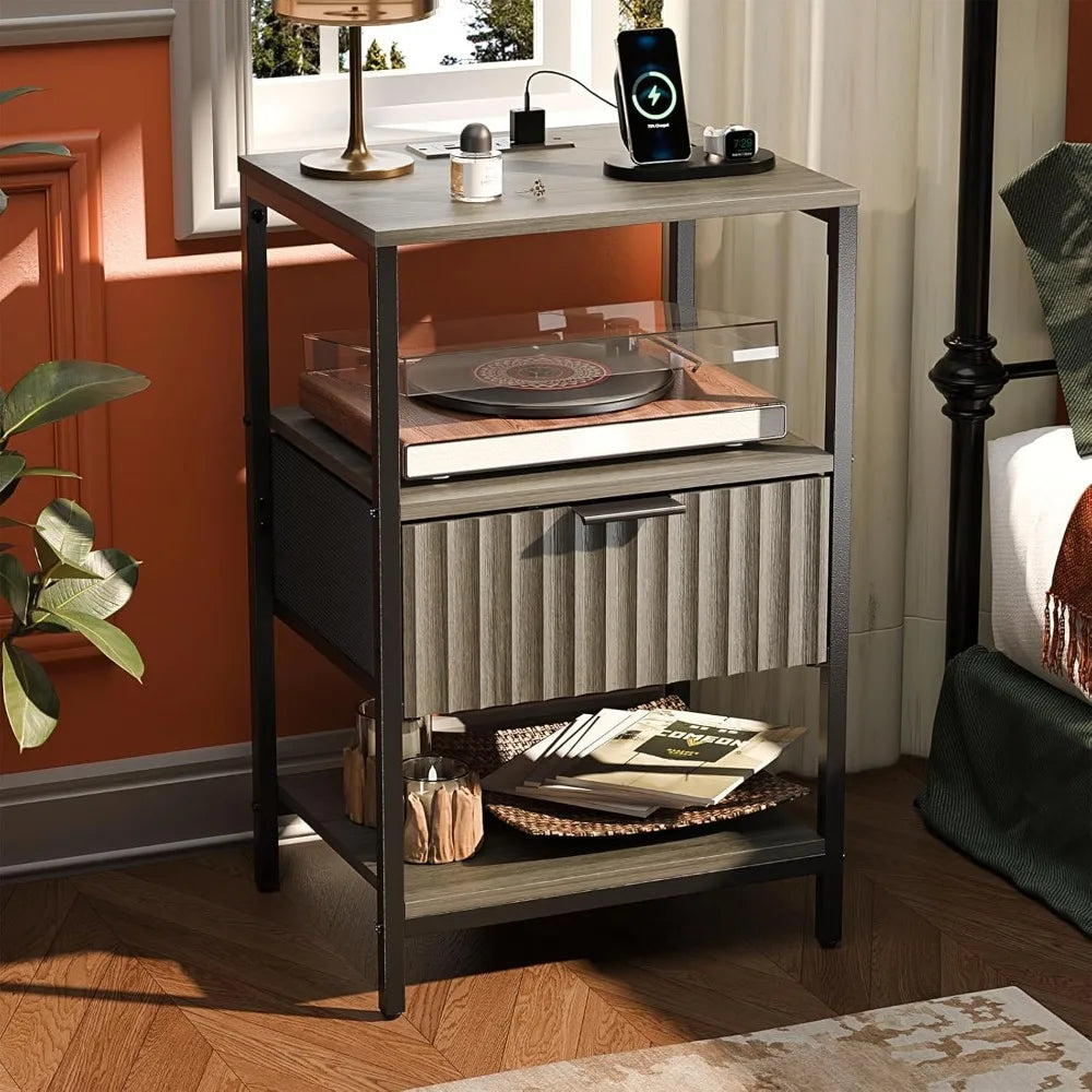 Fluted Nightstands Set Of 2 With Fabric Drawers Charging Station