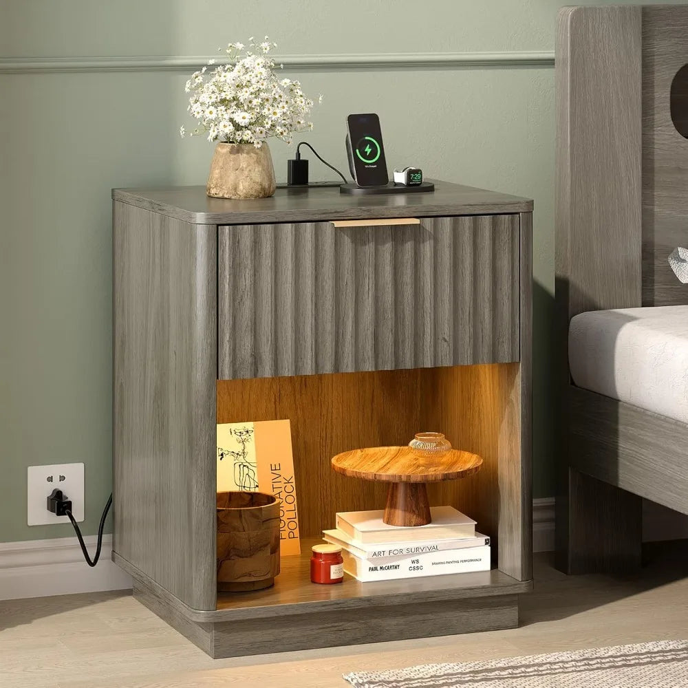 Fluted Nightstands Set Of 2 With Fabric Drawers Charging Station