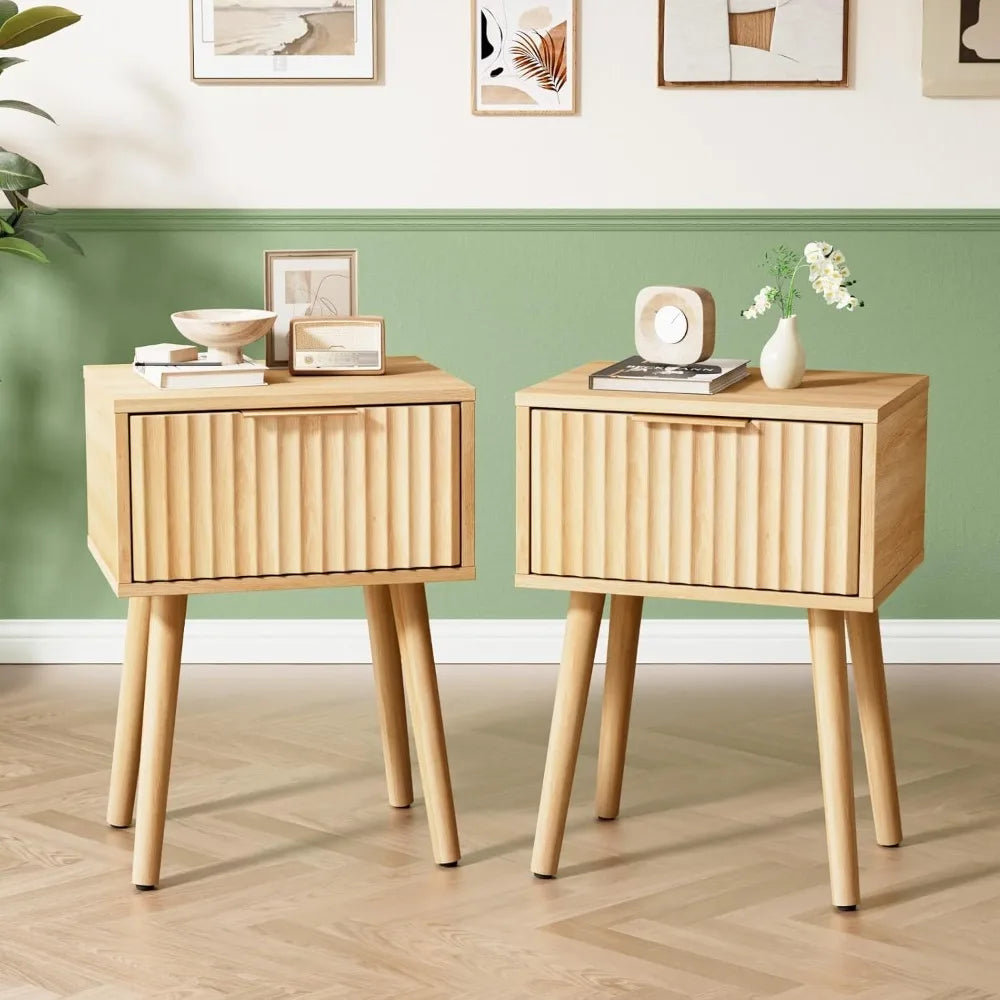 Fluted Nightstands Set Of 2 With Fabric Drawers Charging Station
