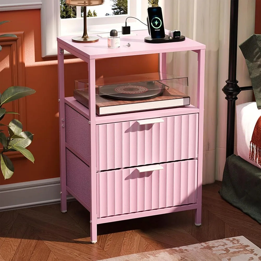 Fluted Nightstands Set Of 2 With Fabric Drawers Charging Station