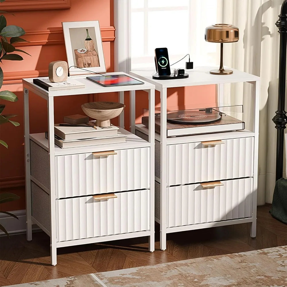 Fluted Nightstands Set Of 2 With Fabric Drawers Charging Station