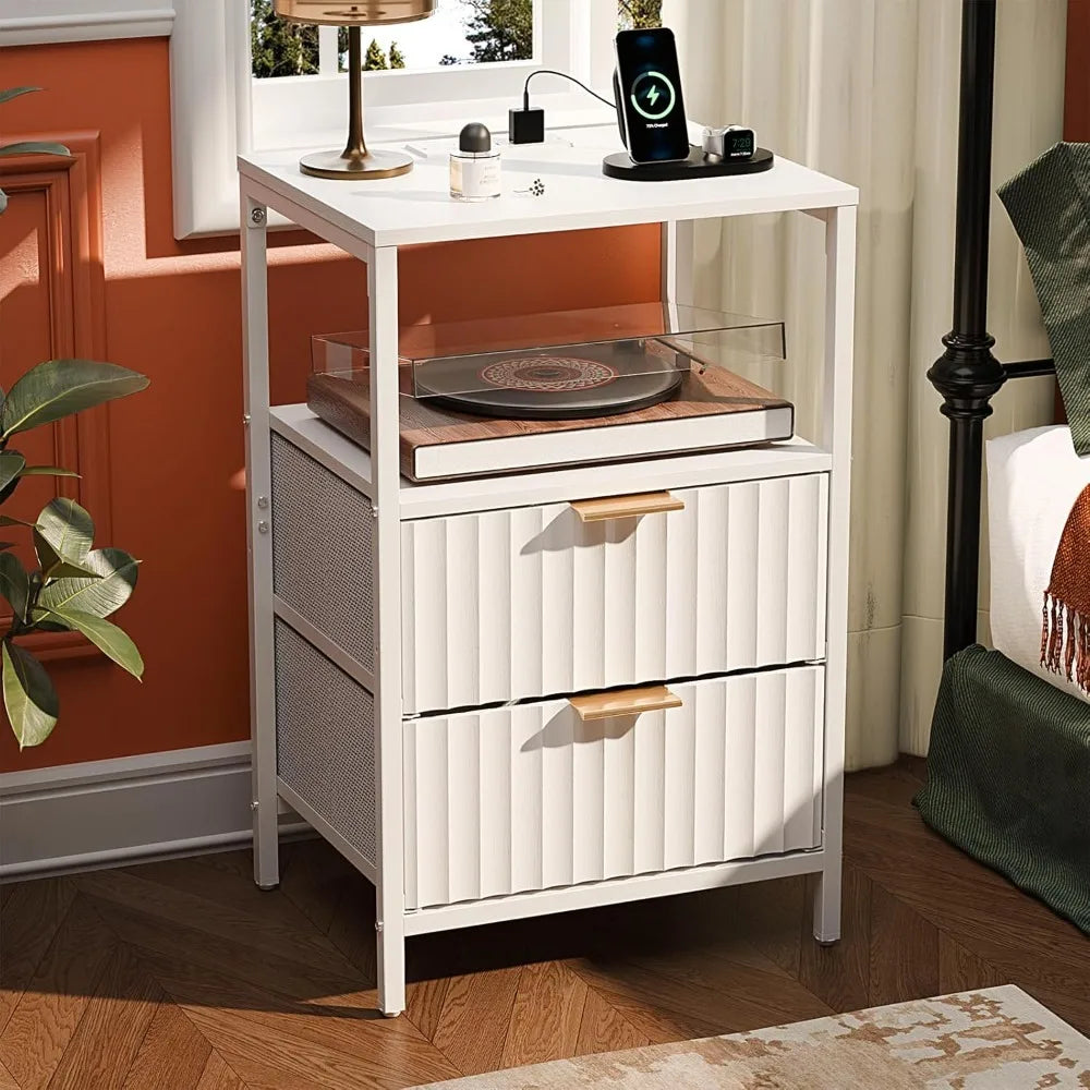 Fluted Nightstands Set Of 2 With Fabric Drawers Charging Station