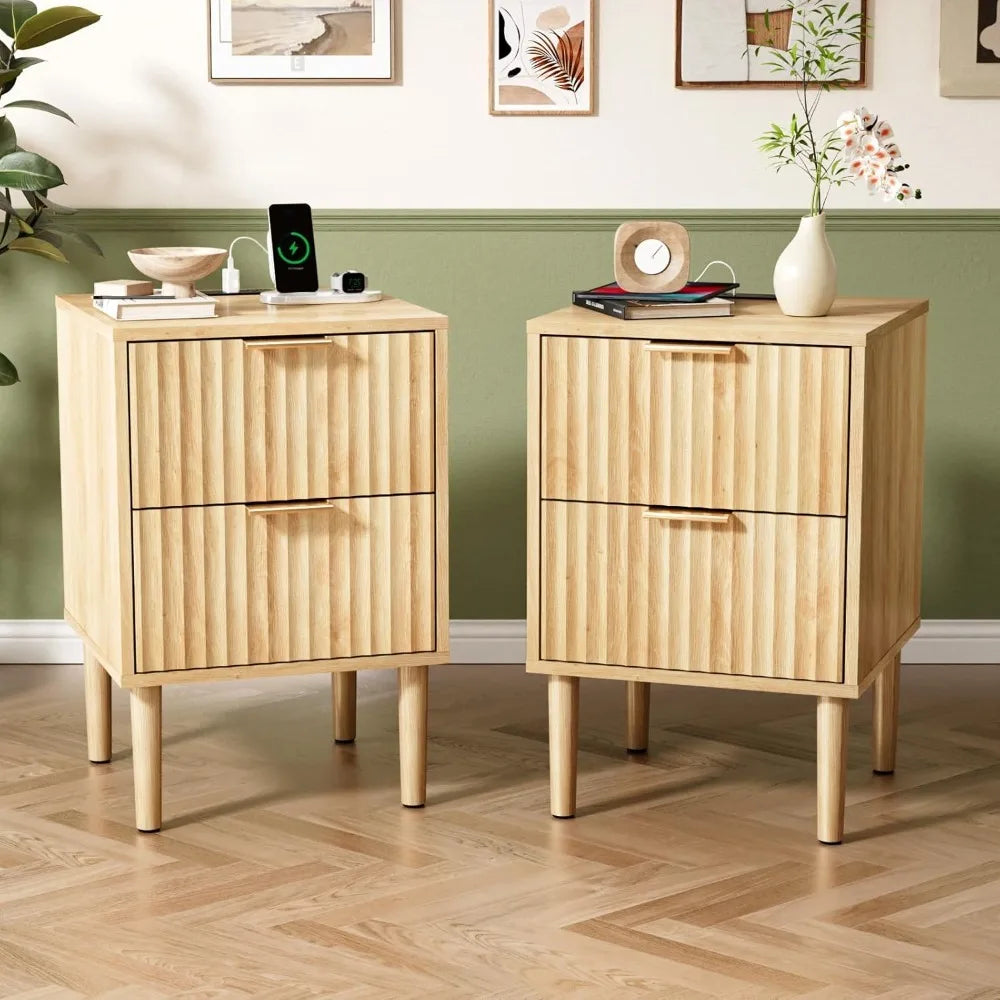 Fluted Nightstands Set Of 2 With Fabric Drawers Charging Station