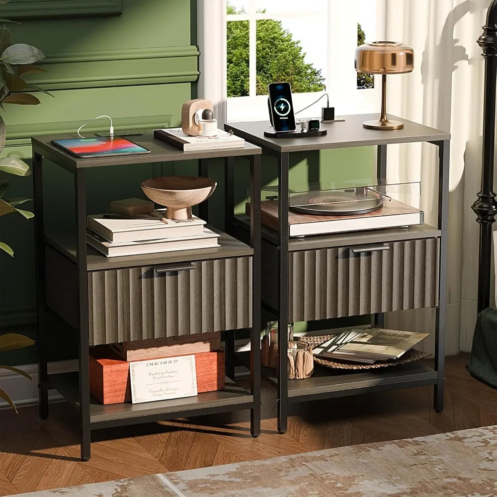 Fluted Nightstands Set Of 2 With Fabric Drawers Charging Station