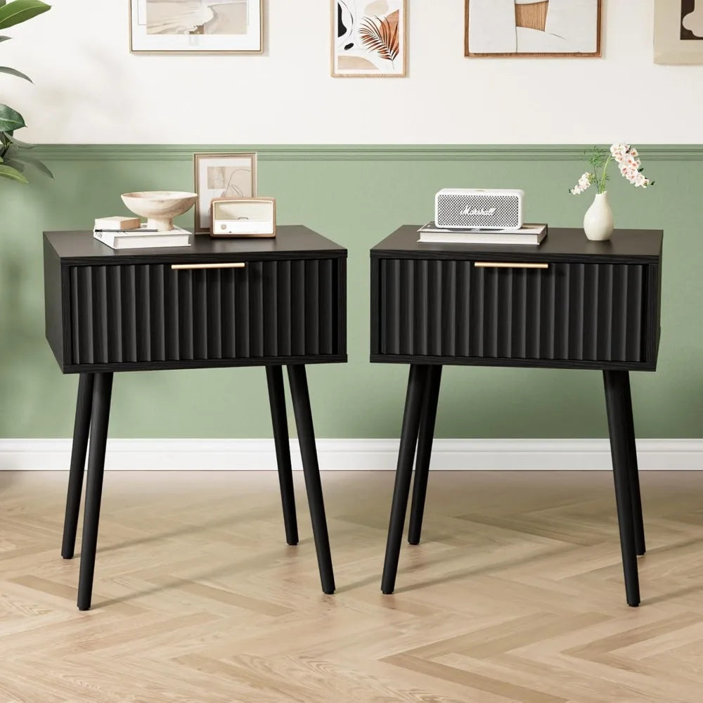 Fluted Nightstands Set Of 2 With Fabric Drawers Charging Station