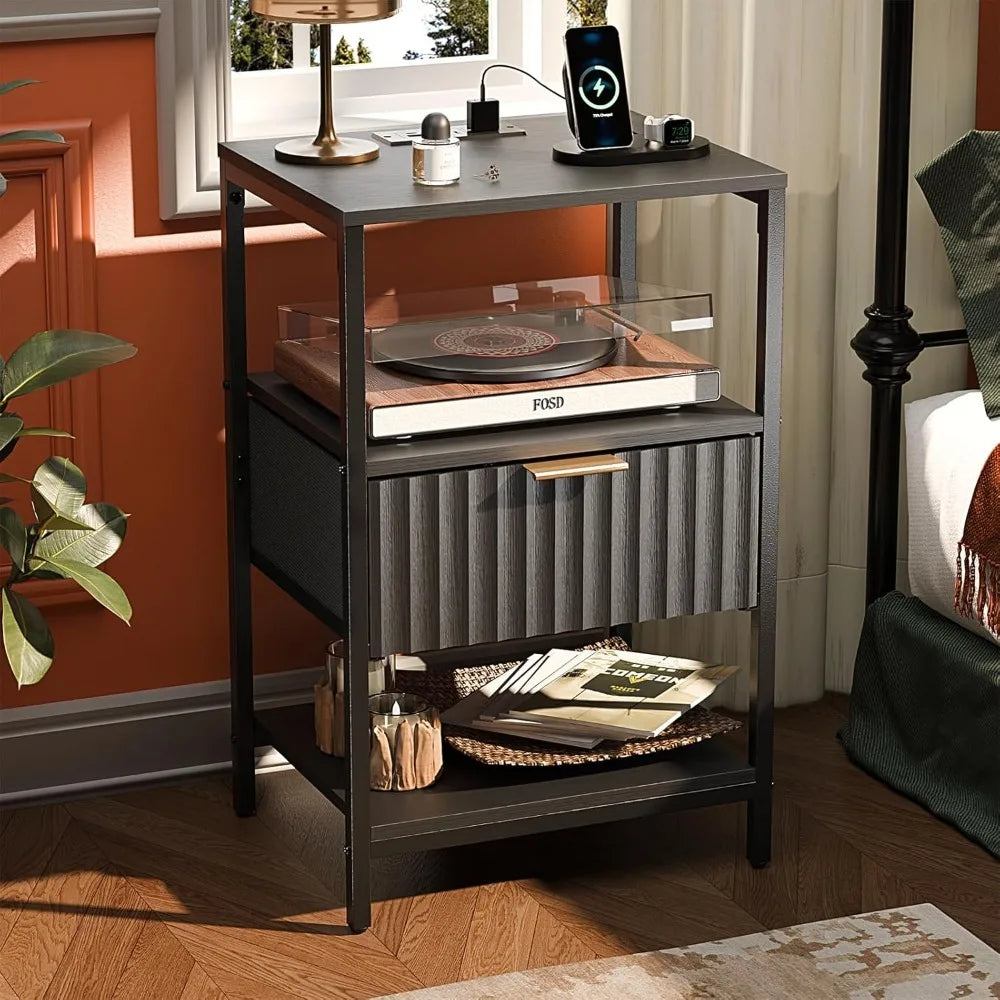 Fluted Nightstands Set Of 2 With Fabric Drawers Charging Station