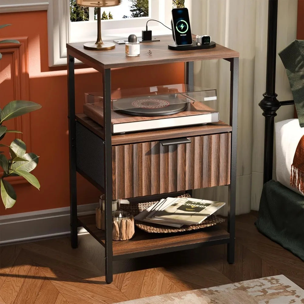 Fluted Nightstands Set Of 2 With Fabric Drawers Charging Station