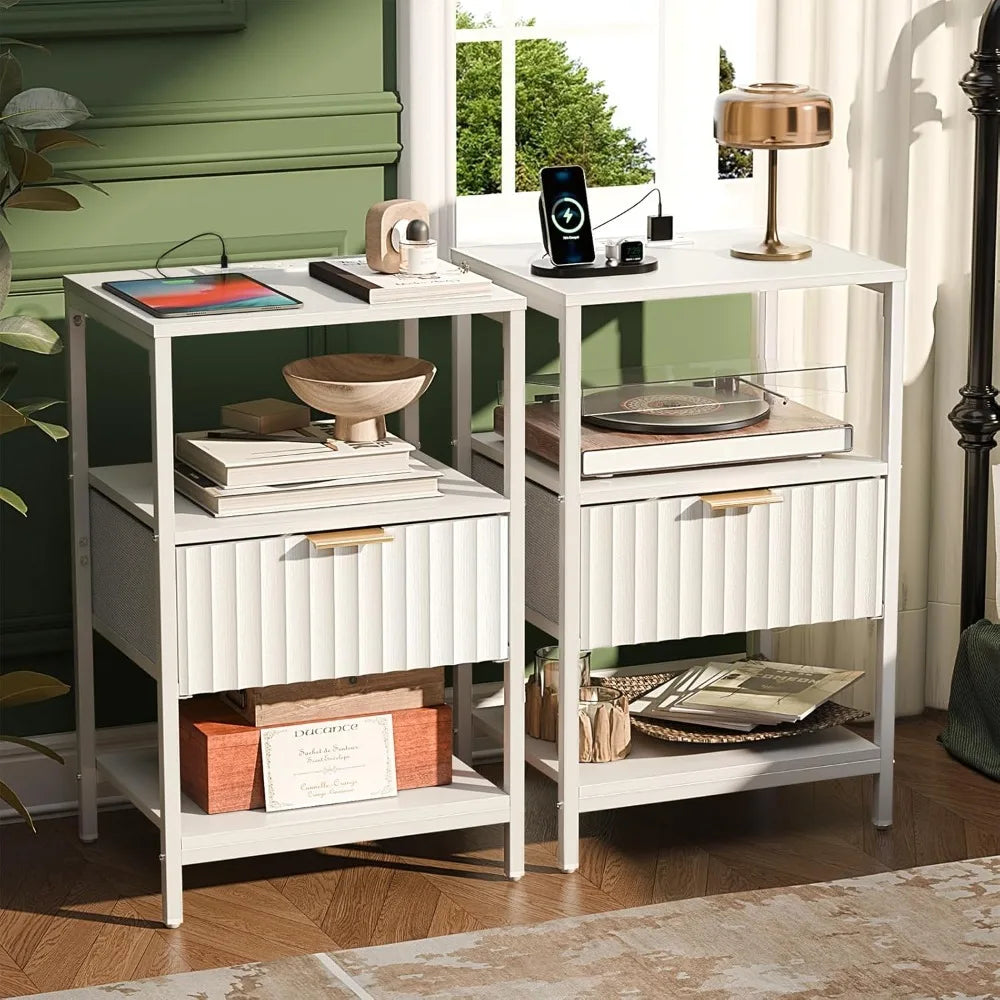 Fluted Nightstands Set Of 2 With Fabric Drawers Charging Station