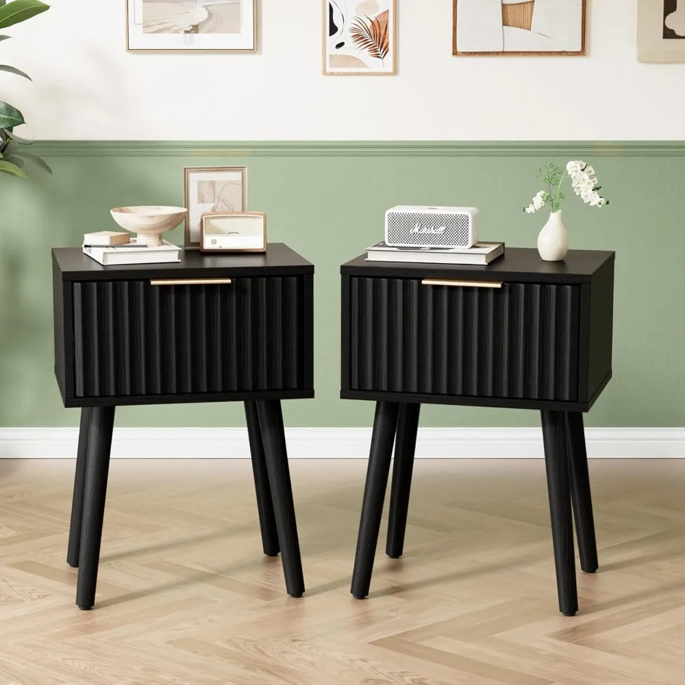 Fluted Nightstands Set Of 2 With Fabric Drawers Charging Station