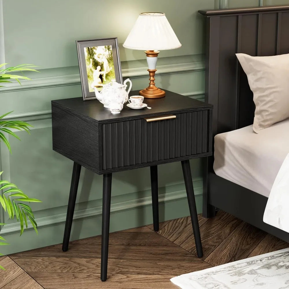 Fluted Nightstands Set Of 2 With Fabric Drawers Charging Station