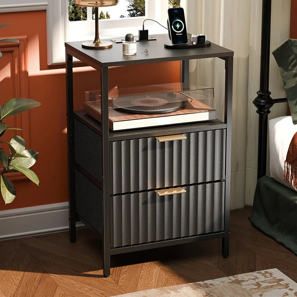 Fluted Nightstands Set Of 2 With Fabric Drawers Charging Station