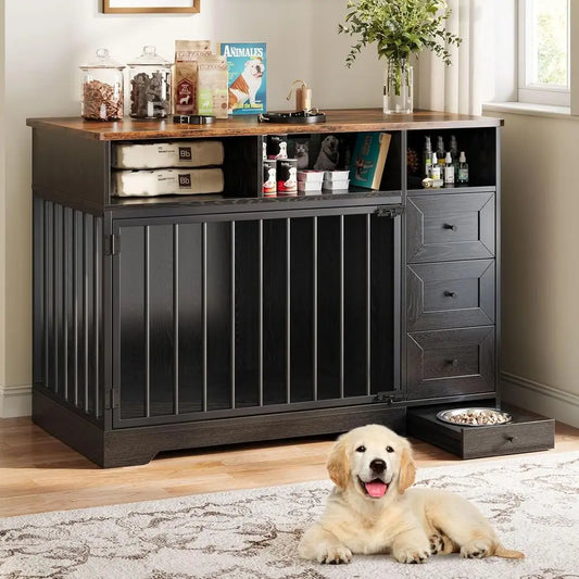 Farmhouse Heavy Duty Dog Crate End Table With Bowl And Drawers