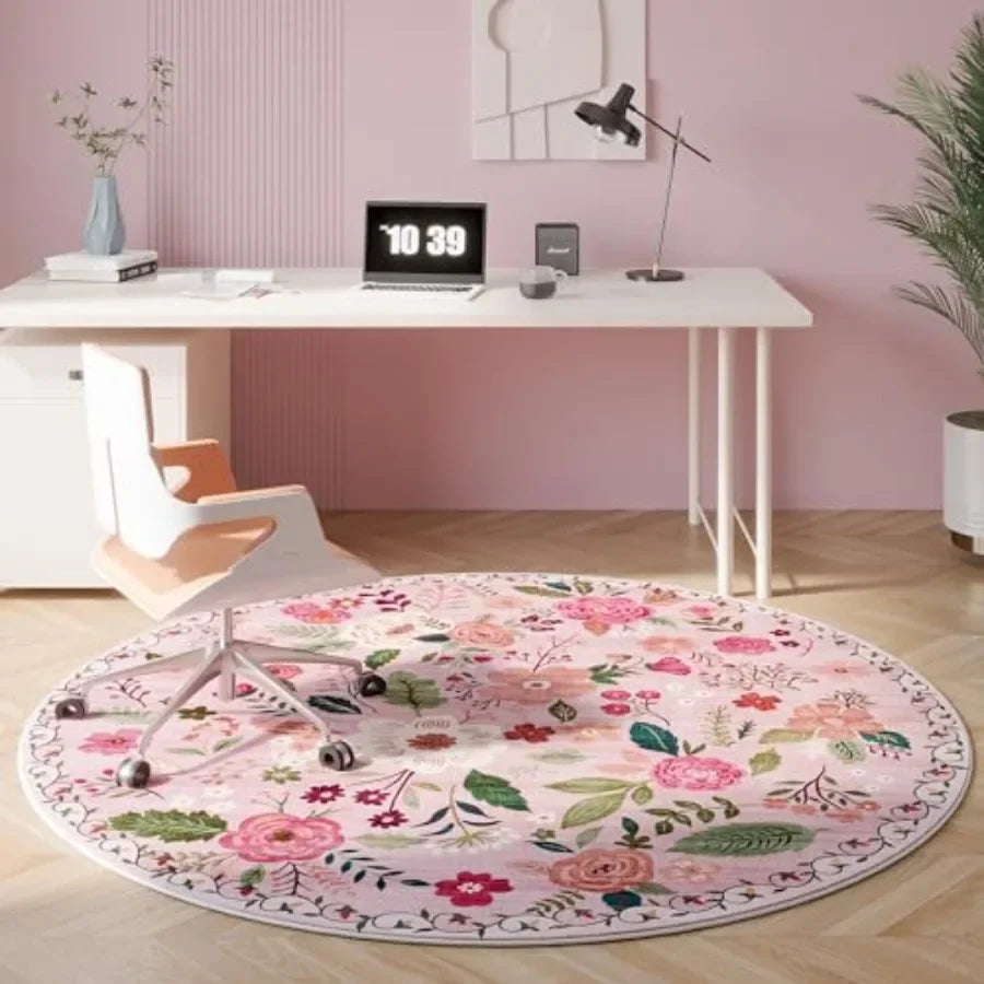 Round Wool Circle Rug Non Slip Low Pile Boho Floral