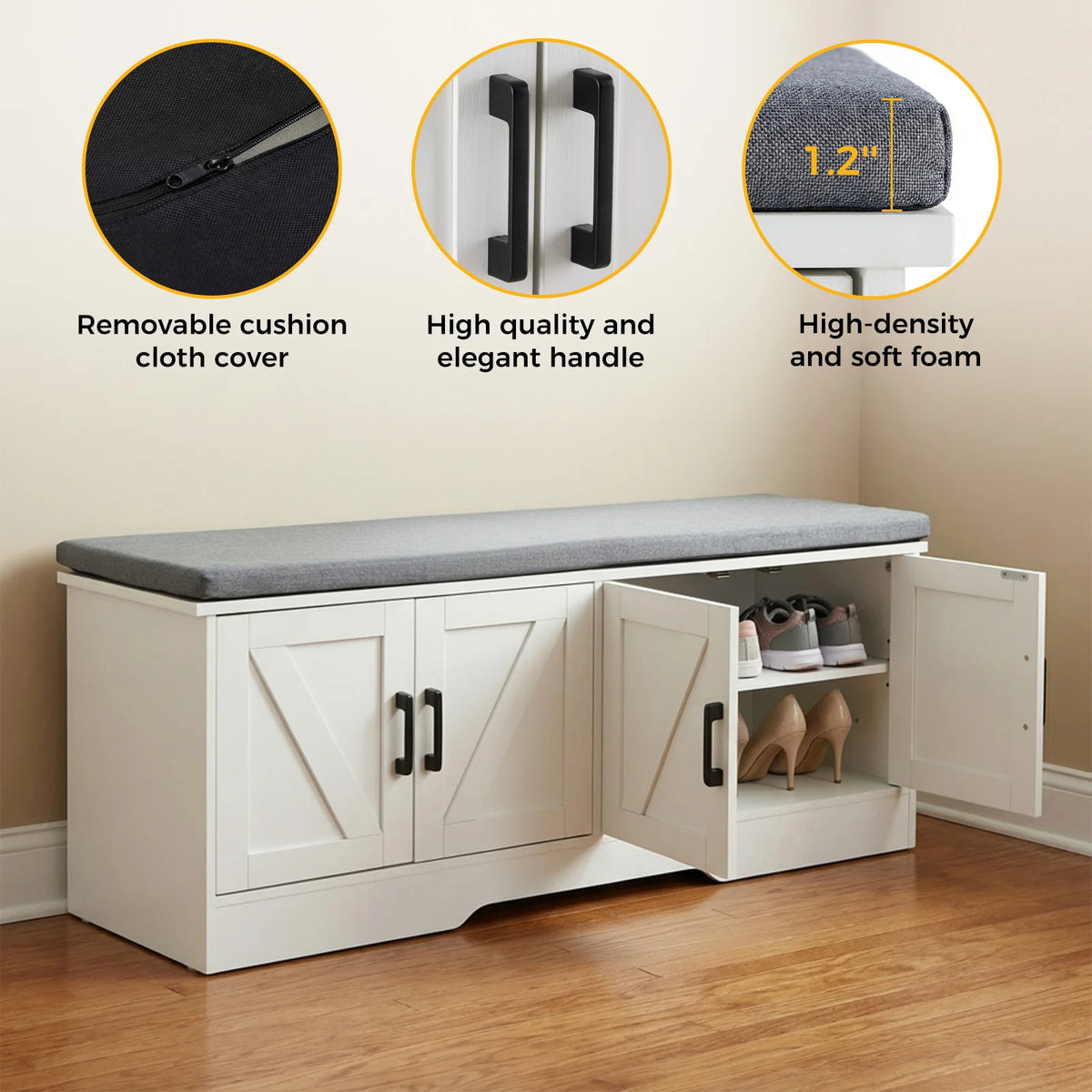 JHK Storage Bench Shoe Organizer Cabinet With Padded Seat Cushion