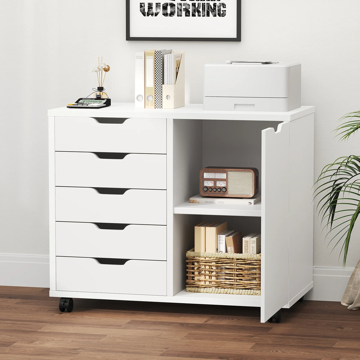 JHK Wood 5-Drawer Rolling File Cabinet With Shelves