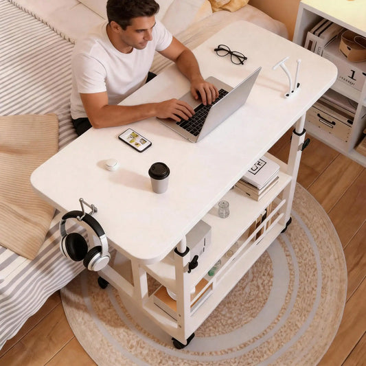 Three-Tier Height Adjustable Mobile Computer Desk With Locking Wheels