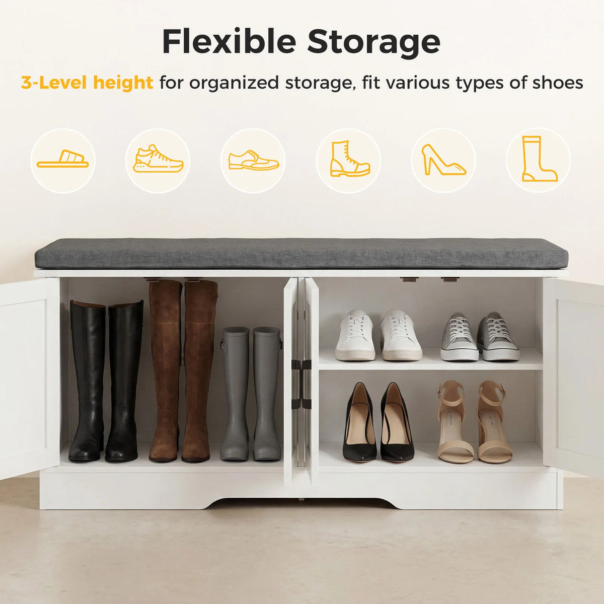 JHK Storage Bench Shoe Organizer Cabinet With Padded Seat Cushion