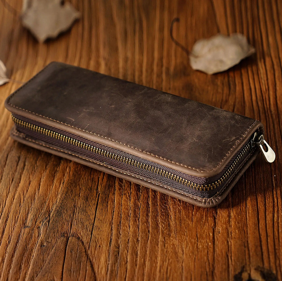 Genuine Leather Multi Functional Pencil Case With Pen Holder Zipper
