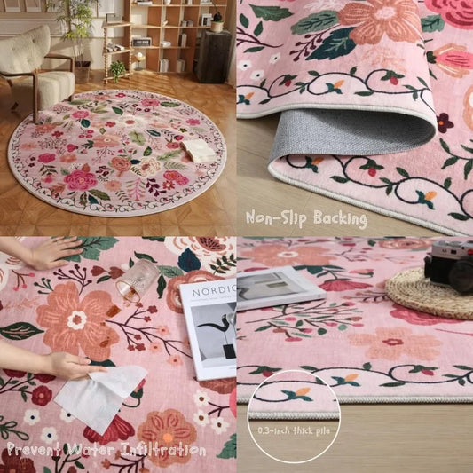 Round Wool Circle Rug Non Slip Low Pile Boho Floral