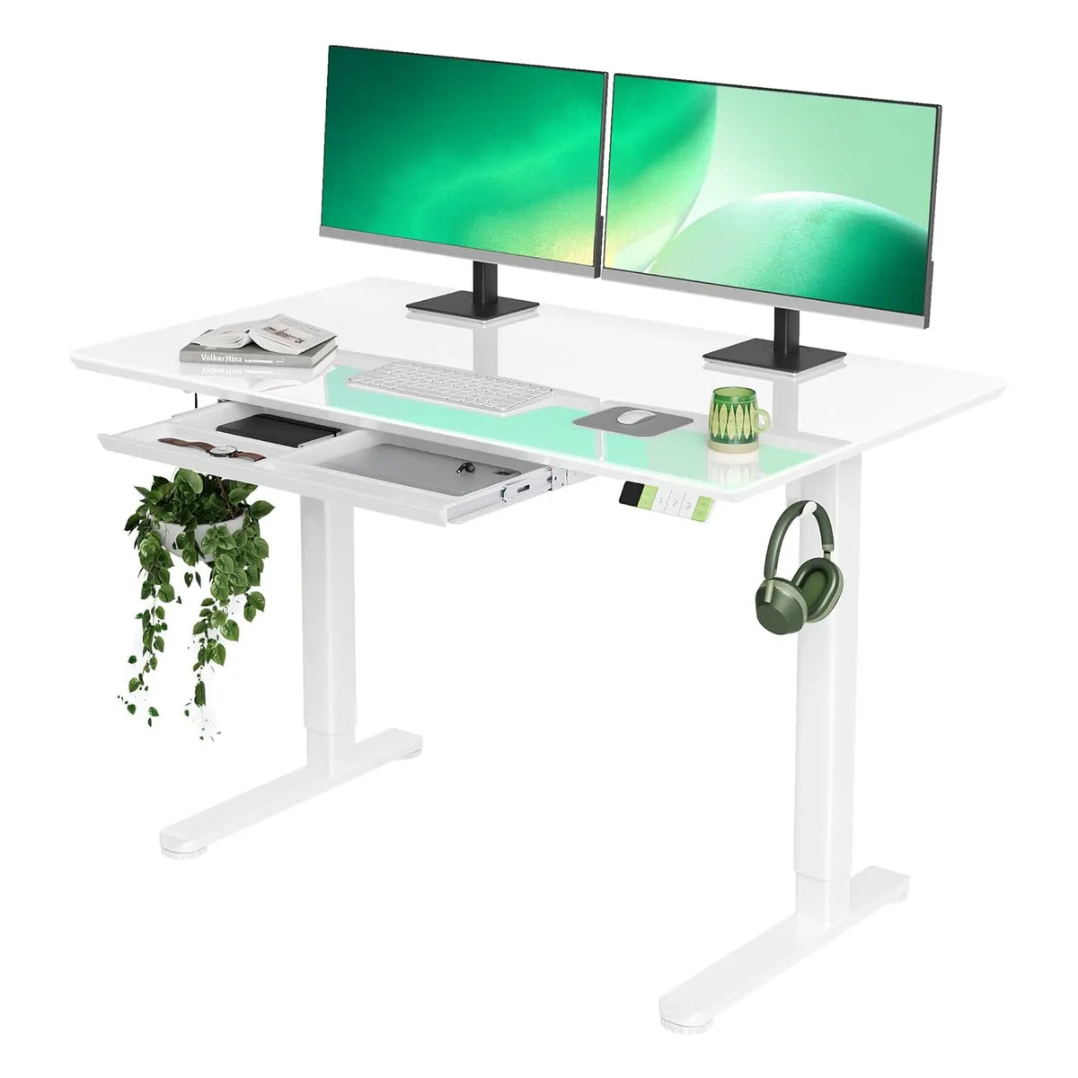 White Glass Standing Desk With Drawers Adjustable Sit Stand