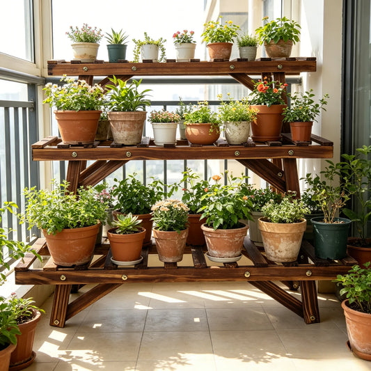 Three Tier Wooden Plant Shelf Organizer For Home And Garden