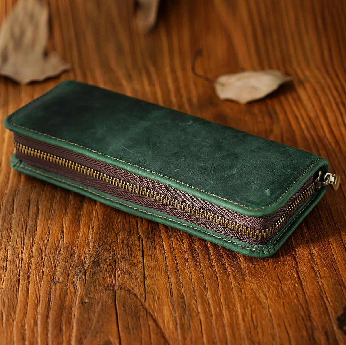 Genuine Leather Multi Functional Pencil Case With Pen Holder Zipper