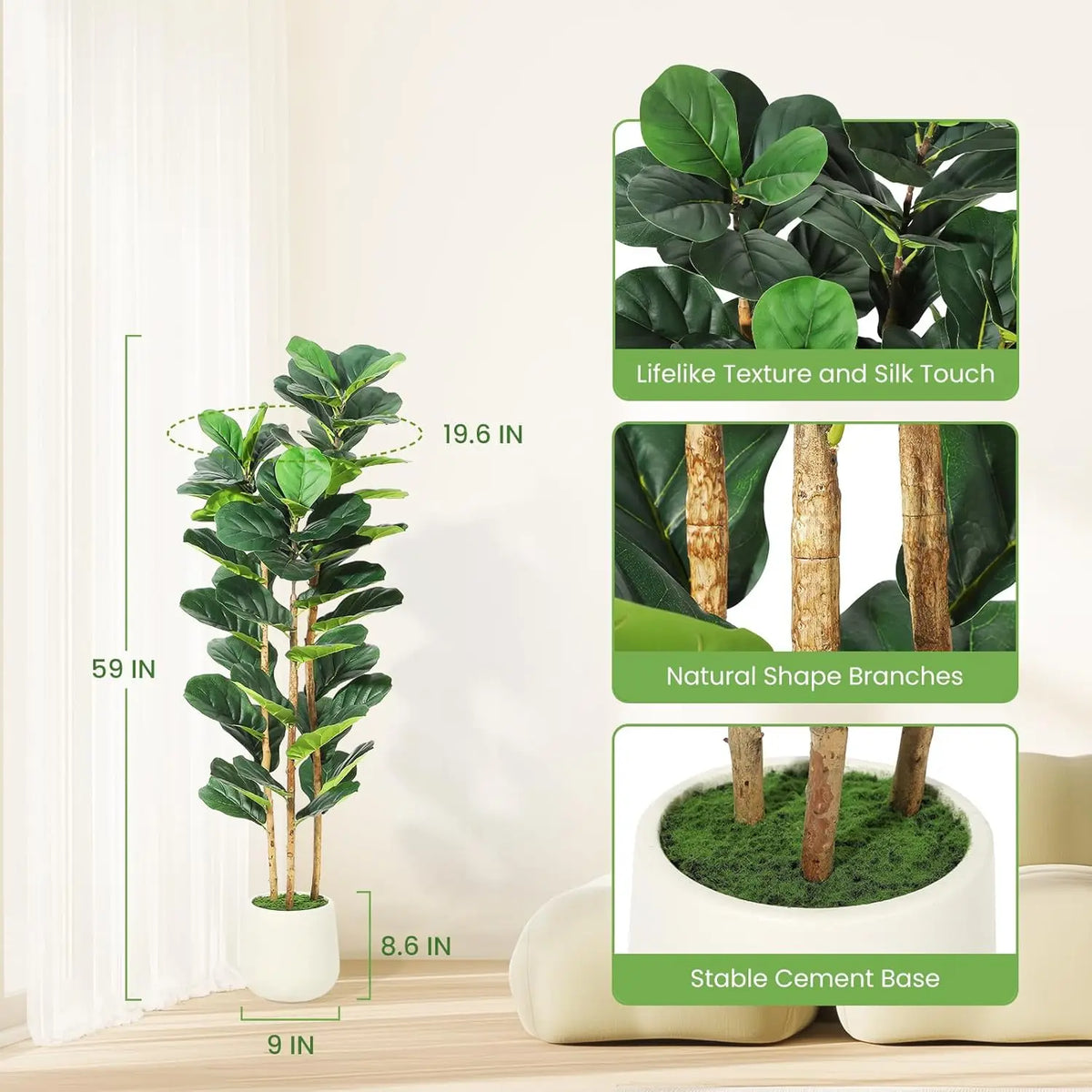 HiMISS Fiddle Leaf Fig Tree With Pot Artificial Floor Plant For Home